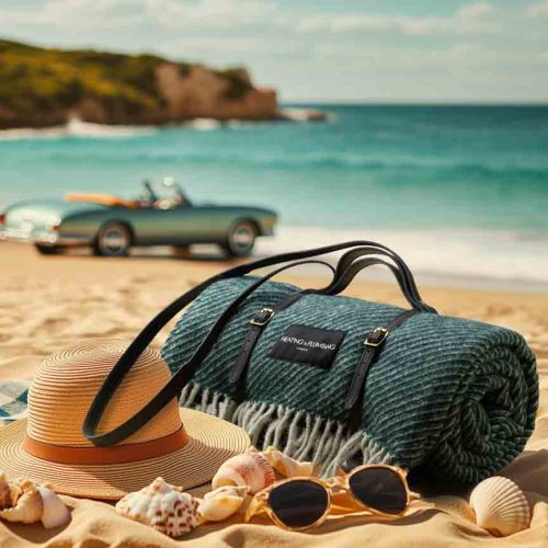 Picnic blanket photo enhanced with AI-generated beach and car background